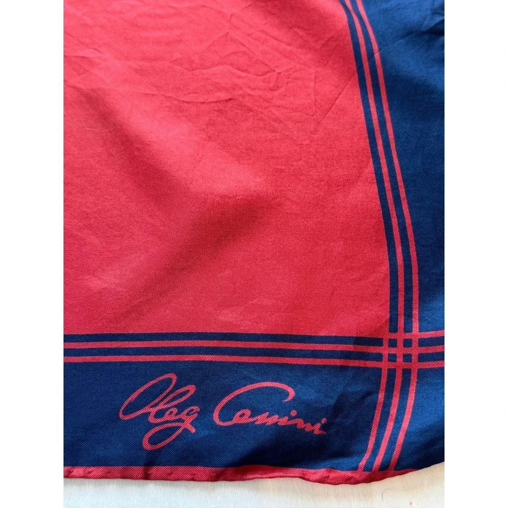 Oleg Cassini Red Navy Blue Silk Square Scarf Made in Italy Hand Rolled 26in
